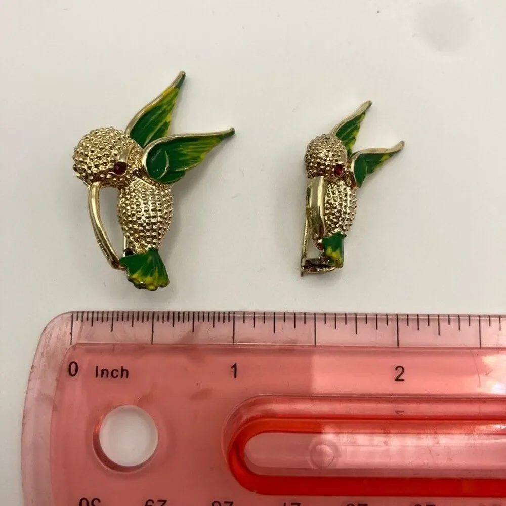 Gerry Vintage Hummingbird Pin Set of‎ 2 Gold Tone Green/Yl Enamel Rhinestone